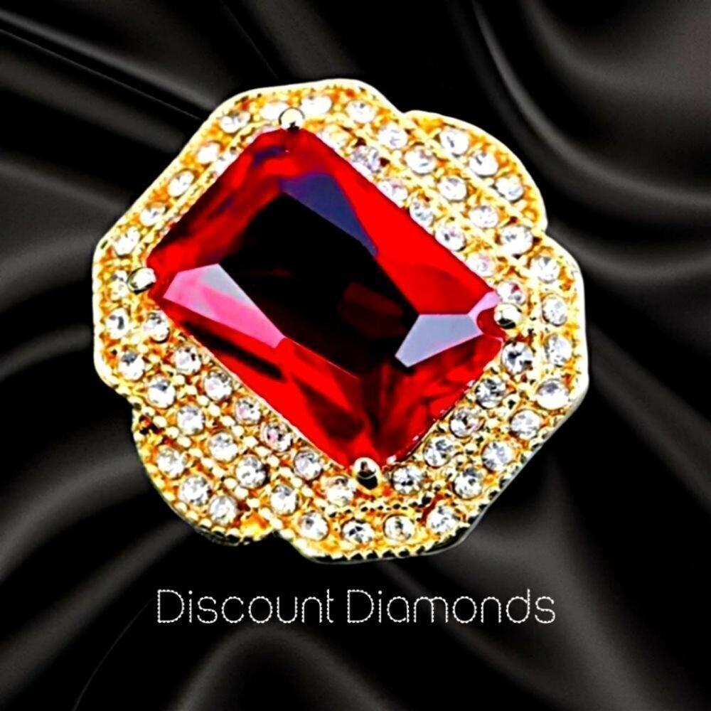 Radiant Cut Ruby & White Baguette Diamond Cocktail Ring 18K Gold on 925 Silver